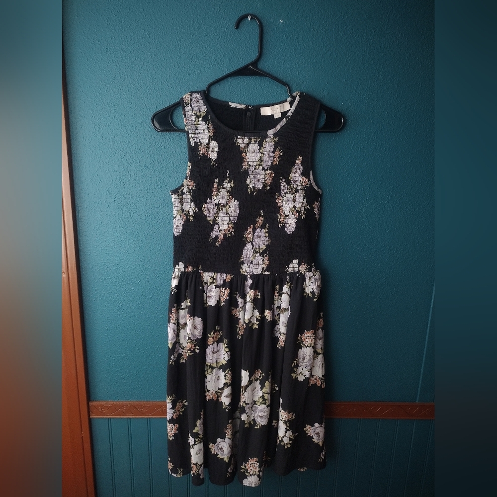 Loft Black Floral Sleeveless Smocked Dress